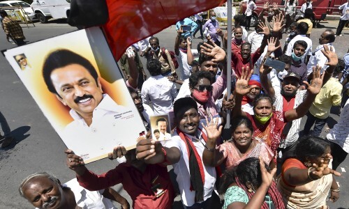 DMK Party workers celebrating during the counting of Tamil Nadu