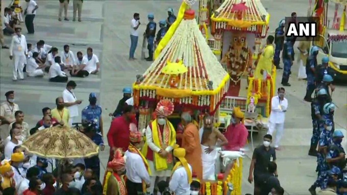 HM Amit Shah And Gujarat CM Vijay Rupani During Jagannath Rath Yatra In Gujarat
