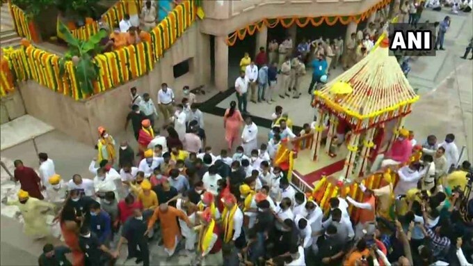 HM Amit Shah And Gujarat CM Vijay Rupani During Jagannath Rath Yatra In Gujarat