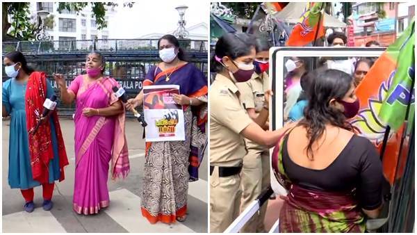 സ്ത്രീകള്‍ക്കെതിരായ അതിക്രമം: സെക്രട്ടേറിയറ്റിന് മുന്നില്‍ പ്രതിഷേധിച്ച  മഹിളാ മോര്‍ച്ച പ്രവര്‍ത്തകരെ അറസ്റ്റ് ചെയ്തു നീക്കുന്നു- ചിത്രങ്ങള്‍