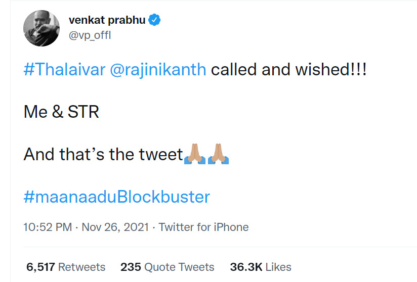 லிட்டில் சூப்பர்ஸ்டாரை வாழ்த்திய சூப்பர்ஸ்டார்...! சந்தோஷத்தில் துள்ளிக்குதிக்கும் மாநாடு படக்குழு!