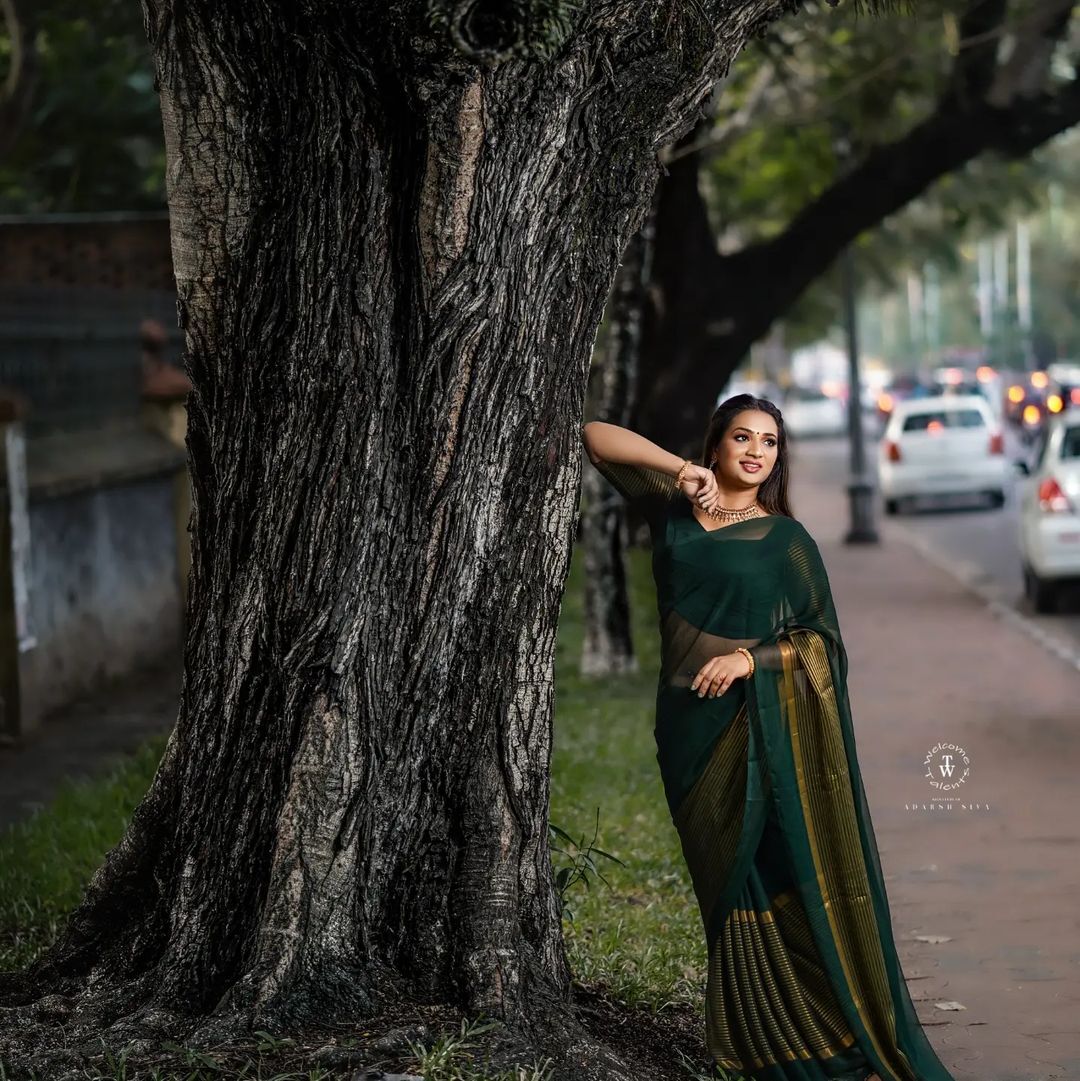 സാരിയില്‍ മിന്നിത്തിളങ്ങി കുടുംബവിളക്കിലെ 'വേദിക': വൈറലായി ശരണ്യയുടെ ചിത്രങ്ങള്‍