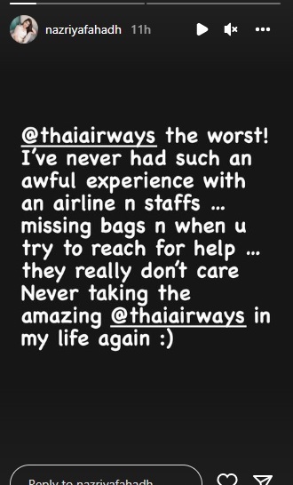 'ഇത്ര മോശം അനുഭവം ഇതുവരെ ഉണ്ടായിട്ടില്ല, ഇനി ജീവിതത്തിൽ ഒരിക്കലും കയറില്ല', തായ് എയർവേസിനെതിരെ നസ്രിയ