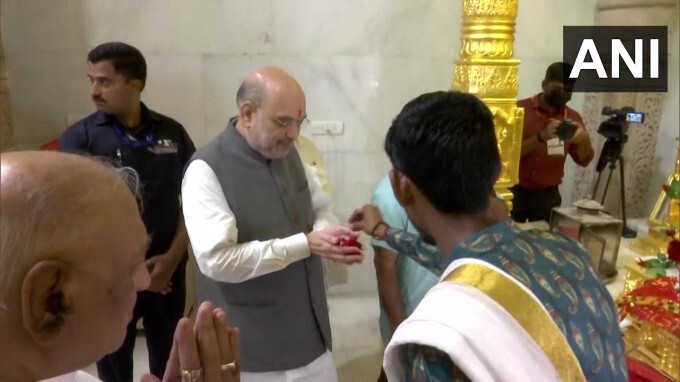 Union Home Minister Amit Shah offers prayers at Vardayini Mataji Mandir in Gandhinagar