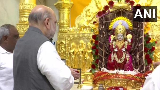 Union Home Minister Amit Shah offers prayers at Vardayini Mataji Mandir in Gandhinagar