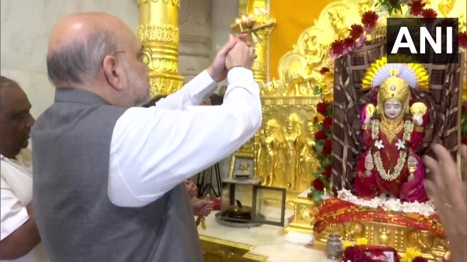 Union Home Minister Amit Shah offers prayers at Vardayini Mataji Mandir in Gandhinagar