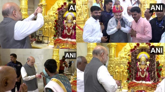 Union Home Minister Amit Shah offers prayers at Vardayini Mataji Mandir in Gandhinagar