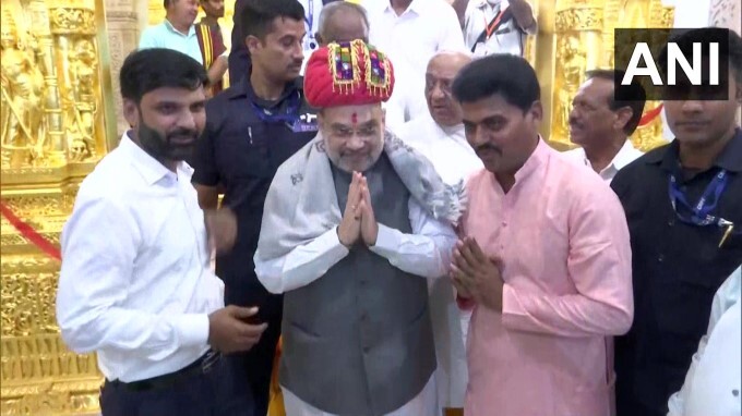 Union Home Minister Amit Shah offers prayers at Vardayini Mataji Mandir in Gandhinagar