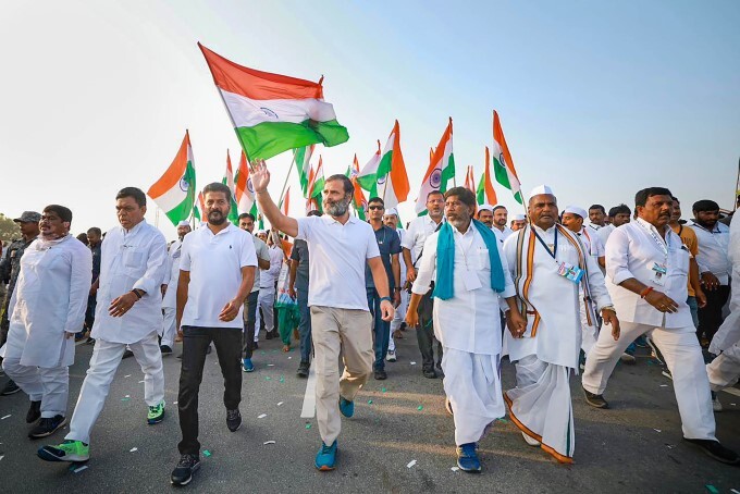 Congress leaders during Bharat Jodo Yatra, in Kamareddy, Telangana