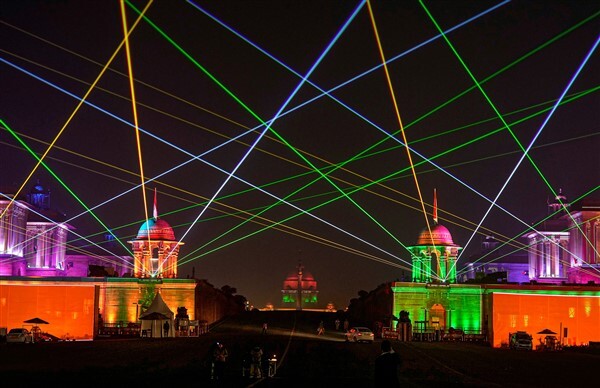 Rashtrapati Bhavan Illuminated With Laser Light On The 74th Republic Day, In New Delhi