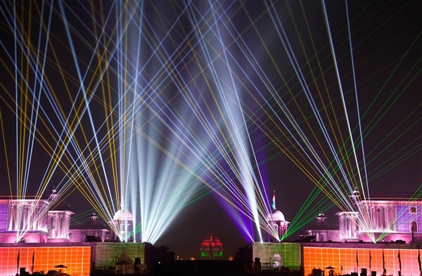 Rashtrapati Bhavan Illuminated With Laser Light On The 74th Republic Day, In New Delhi