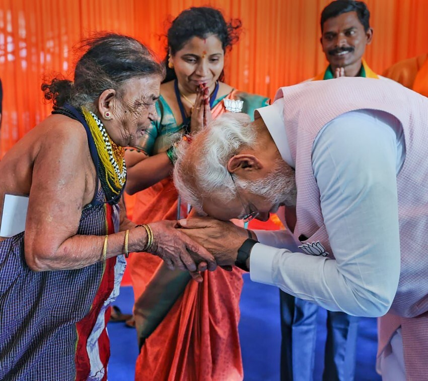 PM Narendra Modi meets Padma Shri Tulsi Gowda during his visit to Karnataka ahead of the State Assembly elections 2023
