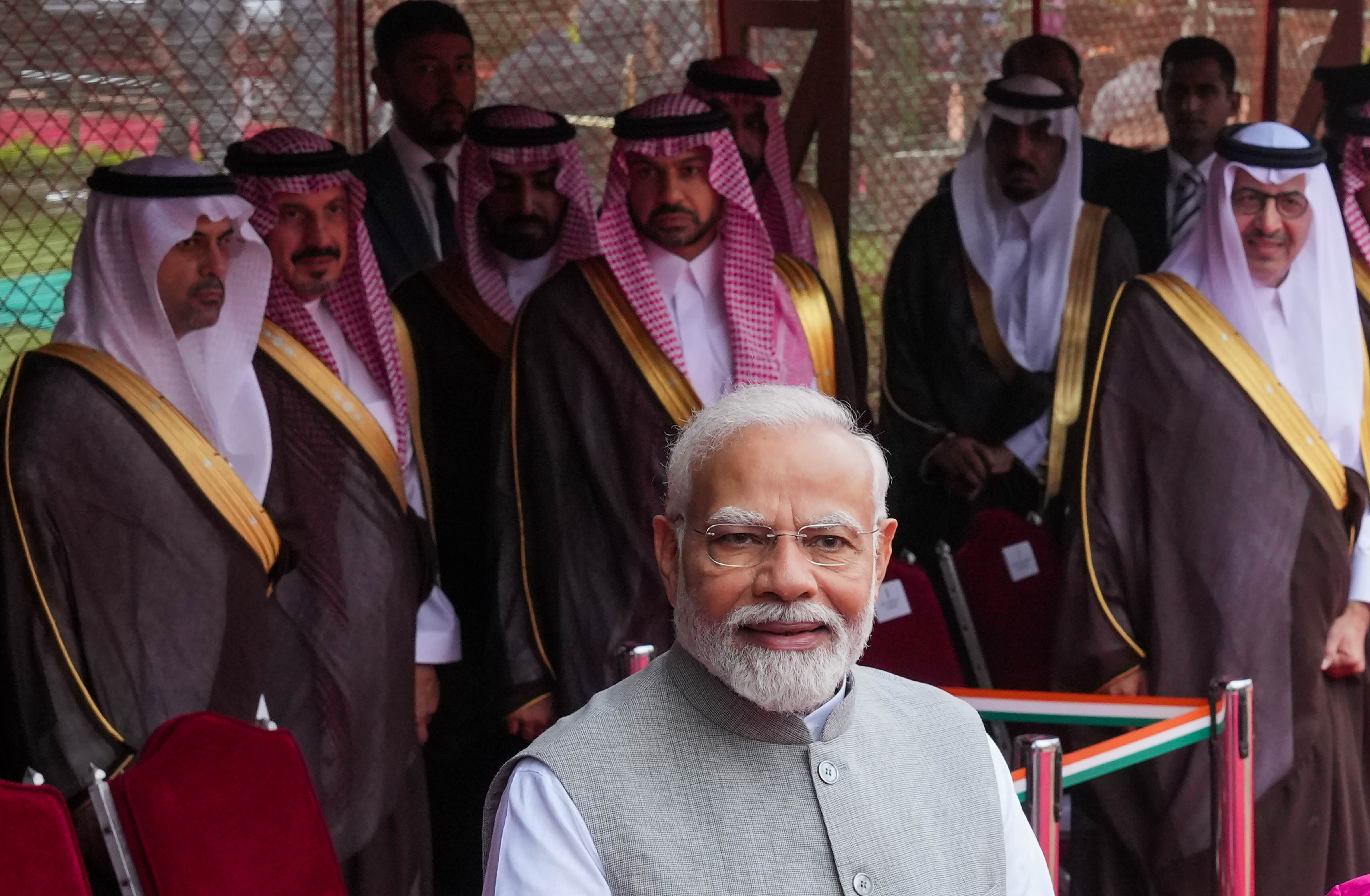 PM Narendra Modi welcomes Saudi Arabia's Crown Prince and PM Mohammed bin Salman bin Abdulaziz Al Saud For A Ceremonial Reception At The Rashtrapati Bhavan