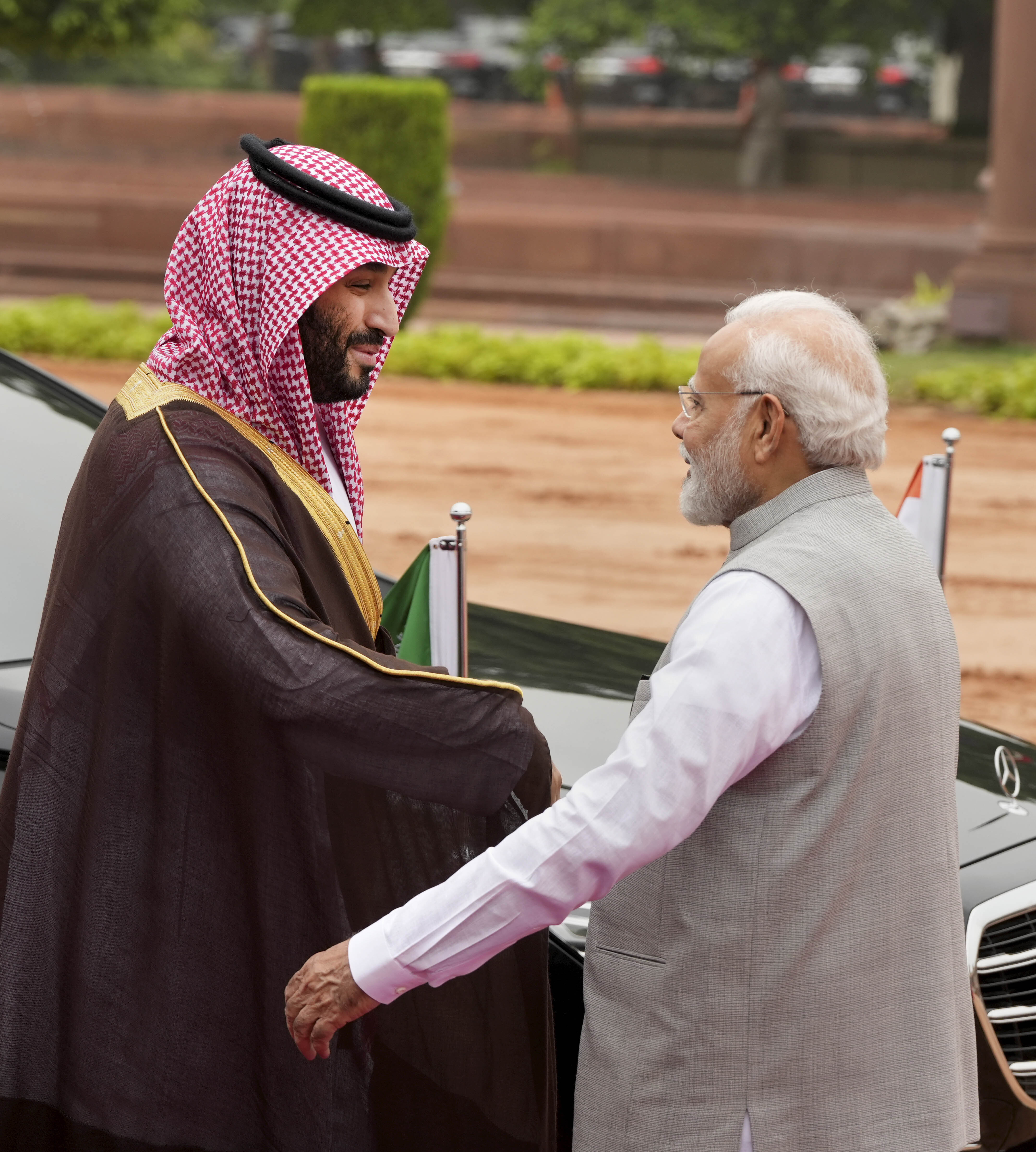 PM Narendra Modi welcomes Saudi Arabia's Crown Prince and PM Mohammed bin Salman bin Abdulaziz Al Saud For A Ceremonial Reception At The Rashtrapati Bhavan