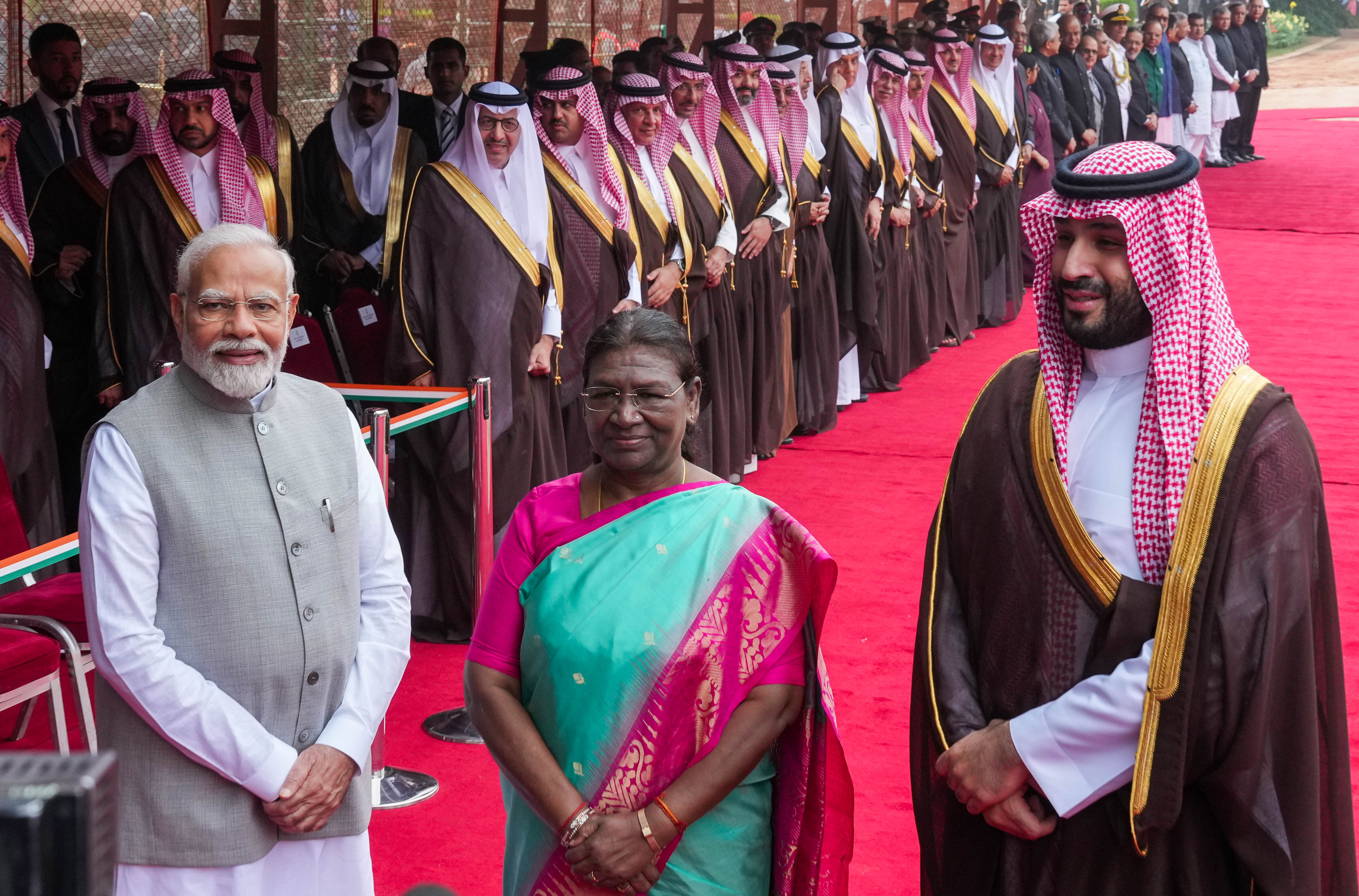 PM Narendra Modi welcomes Saudi Arabia's Crown Prince and PM Mohammed bin Salman bin Abdulaziz Al Saud For A Ceremonial Reception At The Rashtrapati Bhavan