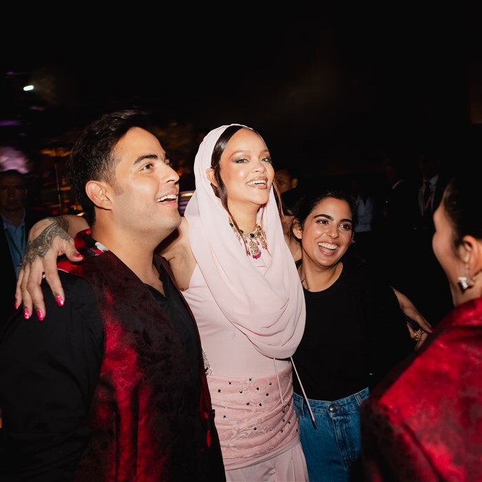 Rihanna with Akash Ambani and Isha Ambani at the pre-wedding bash.