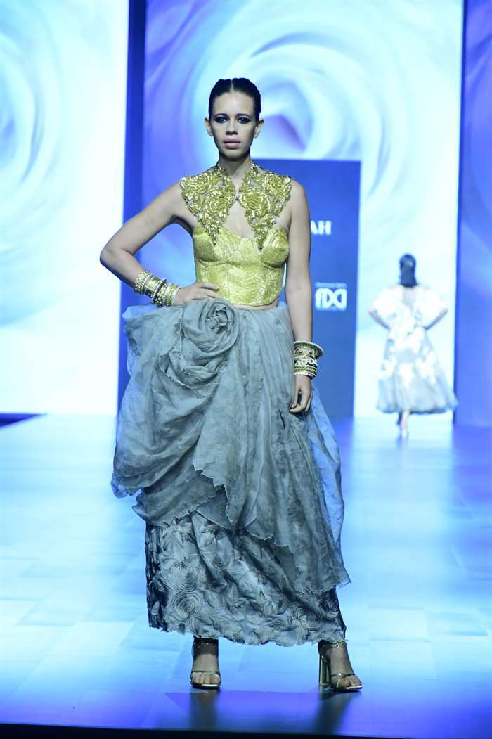 Actress Kalki Koechlin strutted down the runway for Aikeyah, donning a corset paired with a textured