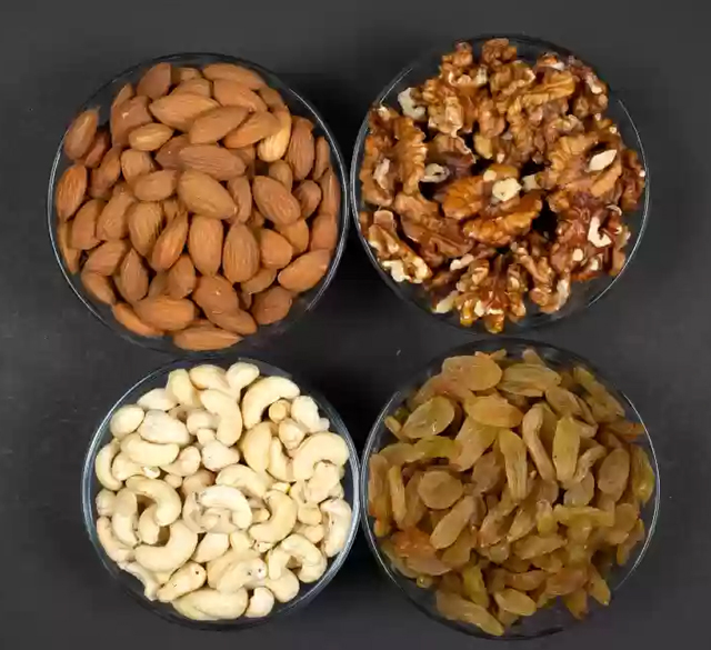Almonds, cashews, walnuts, and raisins