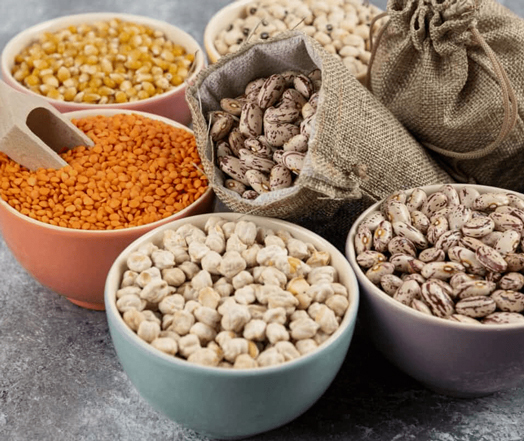 grains such as rice, wheat, and lentils
