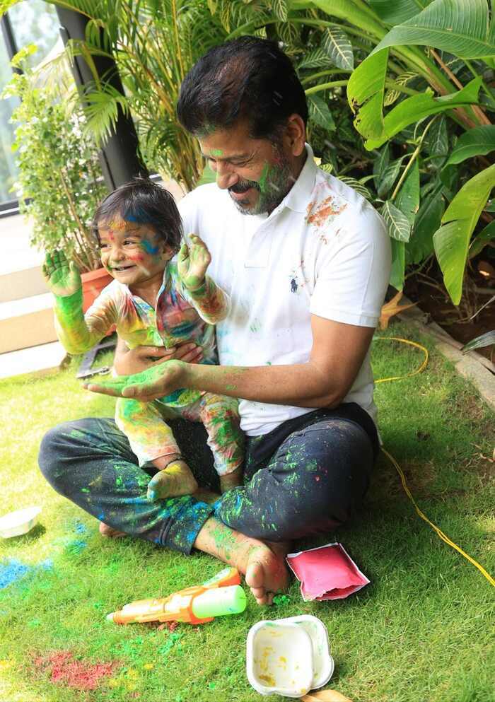 Revanth reddy plays holi with grandson