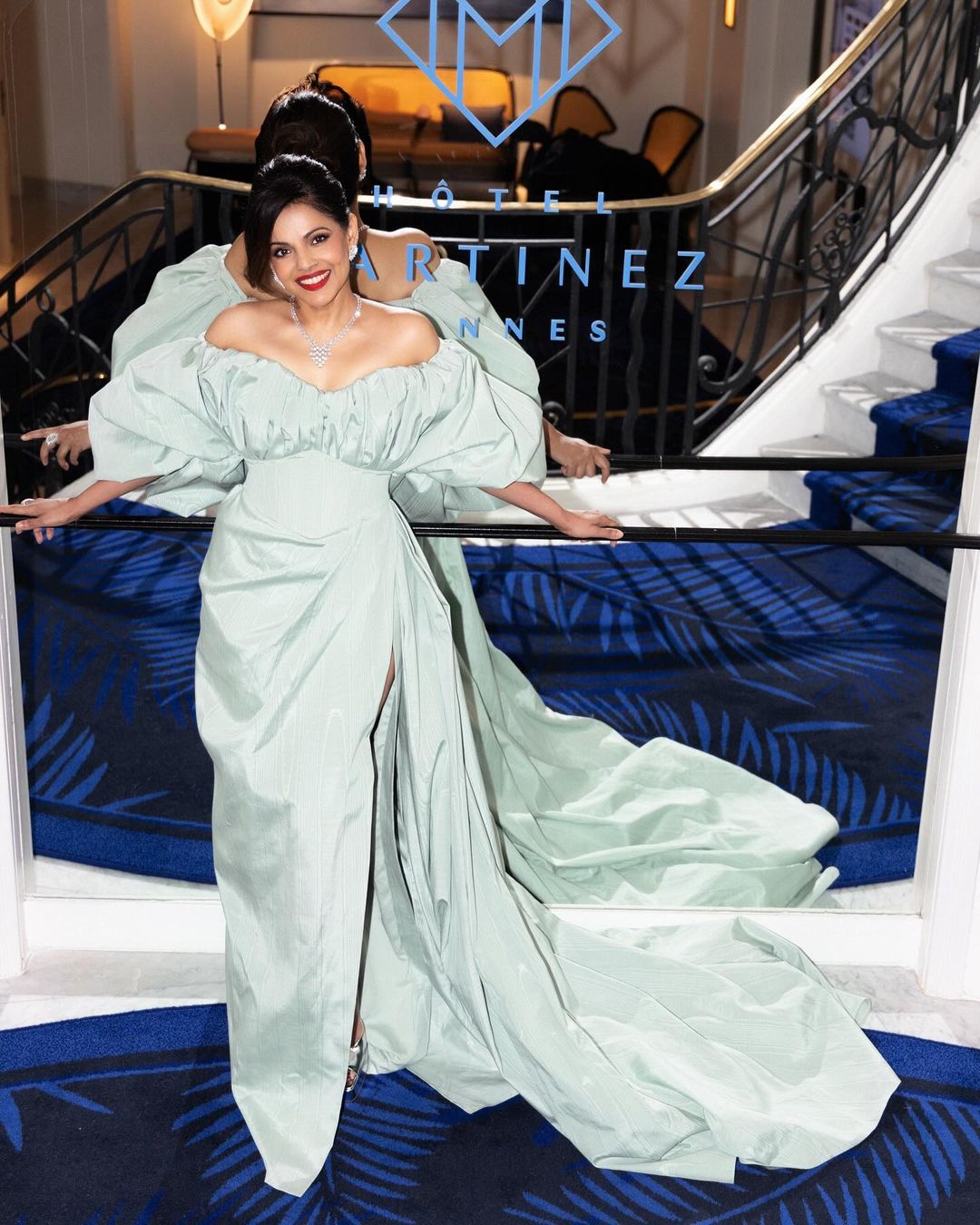 Namita Thapar graced the prestigious Cannes Film Festival in mint green gown with a leg slit and a long train.