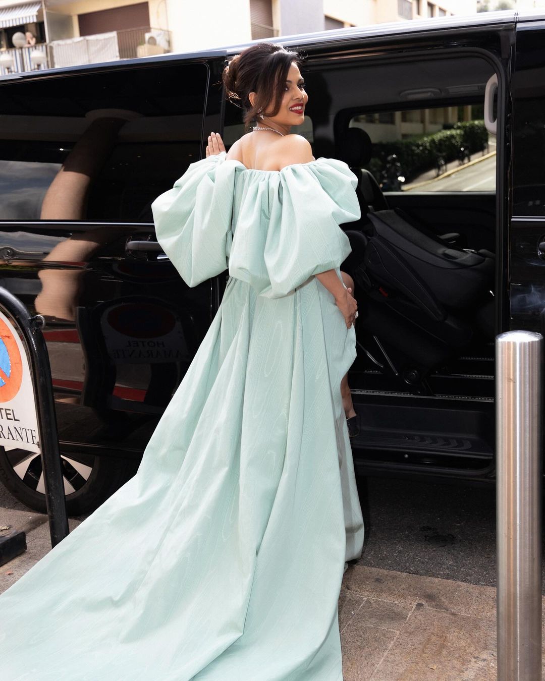 Namita Thapar Shines at Cannes in Mint Green Gown with Leg Slit and Long Train