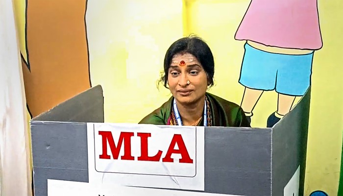Hyderabad: BJP candidate Madhavi Latha casts her vote at a polling station