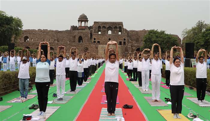 CISF personnel perform yoga at the Purana Quila