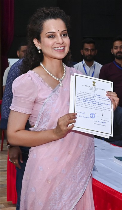 BJP candidate Kangana Ranaut receives certificate after winning the Lok Sabha elections from Mandi constituency, in Mandi.