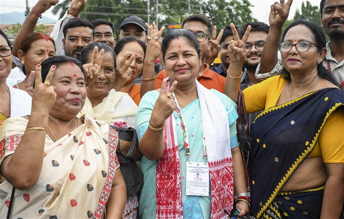 BJP candidate from Guwahati constituency Bijuli Kalita Medhi with supporters flashes victory sign during counting of votes for Lok Sabha elections, in Guwahati.