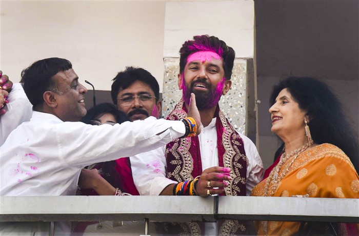 LJP (Ram Vilas) Chief Chirag Paswan during celebrations of the party's lead in the Lok Sabha elections as counting of votes underway, in Patna.