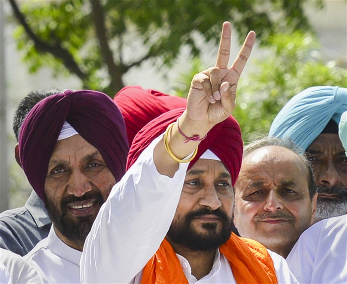 Former Punjab Chief Minister and Congress candidate from Jalandhar constituency Charanjit Singh Channi celebrates after winning in the Lok Sabha elections on the day of the counting of votes, in Jalandhar.