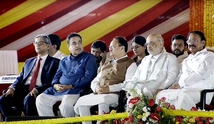 Former Vice President Venkaiah Naidu and Union Ministers Amit Shah, JP Nadda and Nitin Gadkari attend the swearing-in ceremony of Nara Chandrababu Naidu as the Chief Minister of Andhra Pradesh, in Vijayawada.