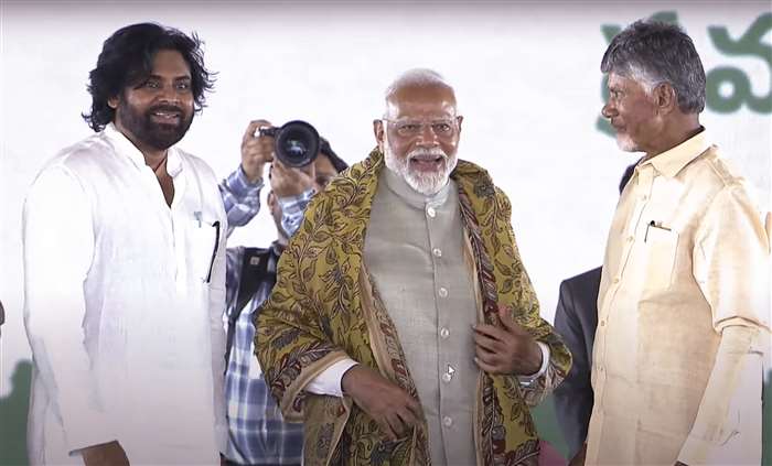 Jana Sena chief Pawan Kalyan during the swearing-in ceremony, in Vijayawada.