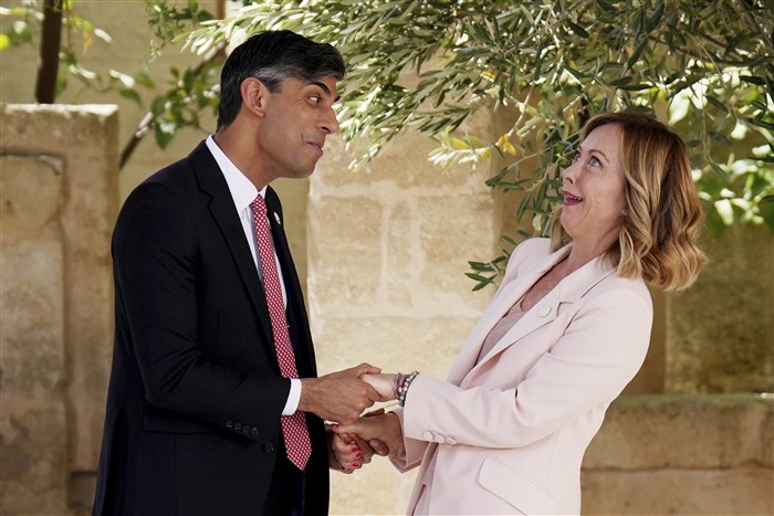 British Prime Minister Rishi Sunak and Italian Prime Minister Giorgia Meloni during a G7 world leaders summit at Borgo Egnazia, southern Italy.