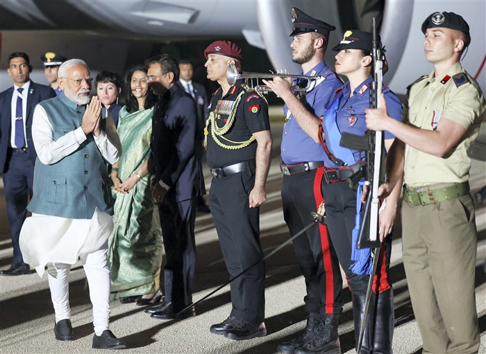 Prime Minister Narendra Modi being welcomed upon his arrival at Brindisi airport in Apulia to attend the Outreach session of the G7 Summit.