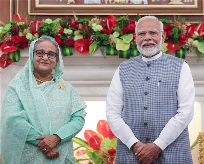 Prime Minister Narendra Modi with his Bangladeshi counterpart Sheikh Hasina during a meeting, at the Hyderabad House in New Delhi.
