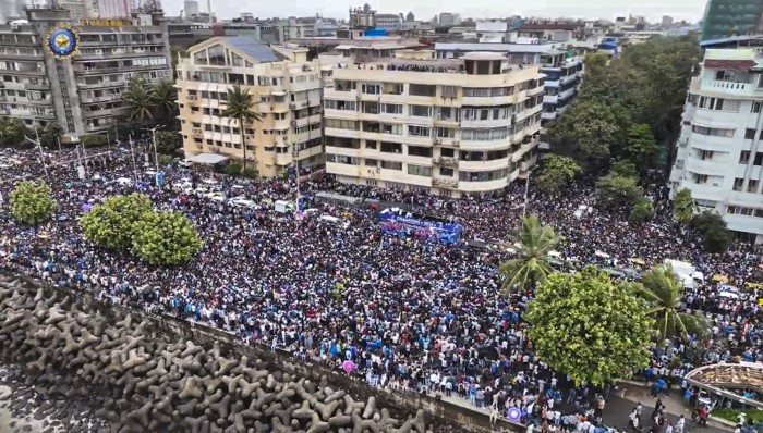 Mumbai: Fans gather ahead of the T20 World Cup-winning Indian cricket team’s open bus victory parade, in Mumbai, Thursday, July 4, 2024.