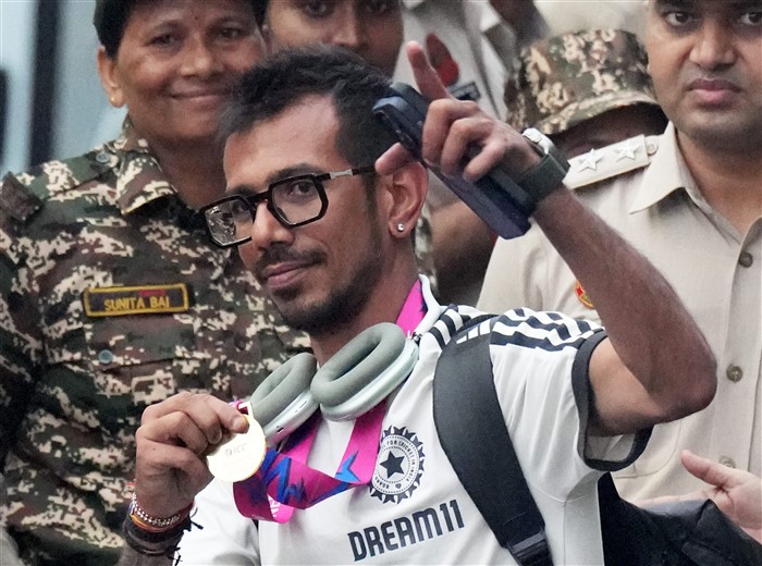 Indian cricketer Yuzvendra Chahal upon his arrival at New Delhi airport