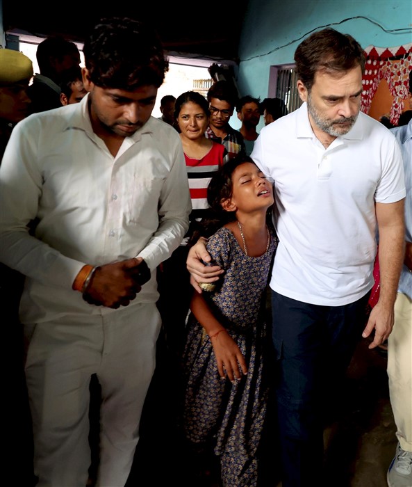 Congress leader Rahul Gandhi meets families of the victims of Hathras stampede incident, in Pilkhana village of Aligarh.