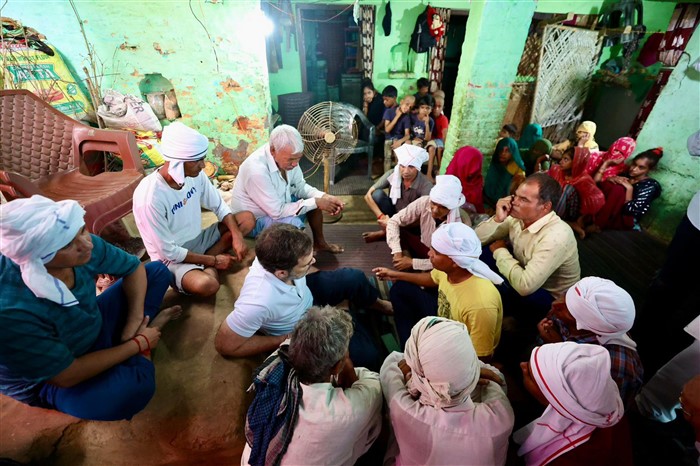 Congress leader Rahul Gandhi meets families of the victims of Hathras stampede incident, in Pilkhana village of Aligarh.