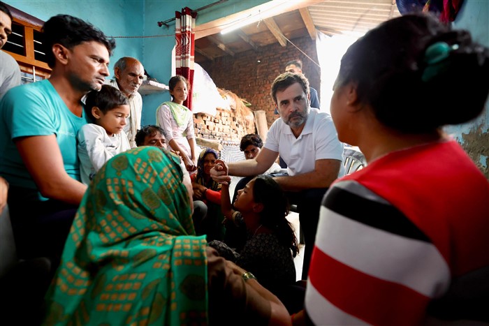 Congress leader Rahul Gandhi meets families of the victims of Hathras stampede incident, in Pilkhana village of Aligarh