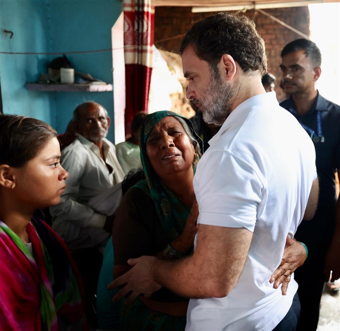 Congress leader Rahul Gandhi meets families of the victims of Hathras stampede incident, in Pilkhana village of Aligarh.