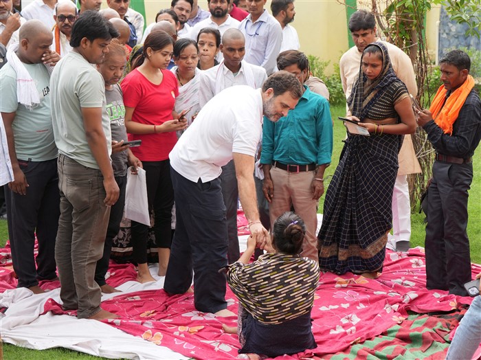 Congress leader Rahul Gandhi meets families of the victims of Hathras stampede incident, at Green Park in Hathras