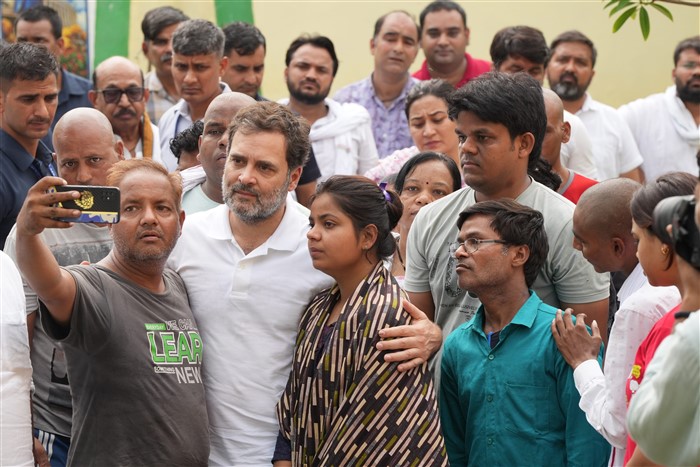 Congress leader Rahul Gandhi meets families of the victims of Hathras stampede incident, at Green Park in Hathras