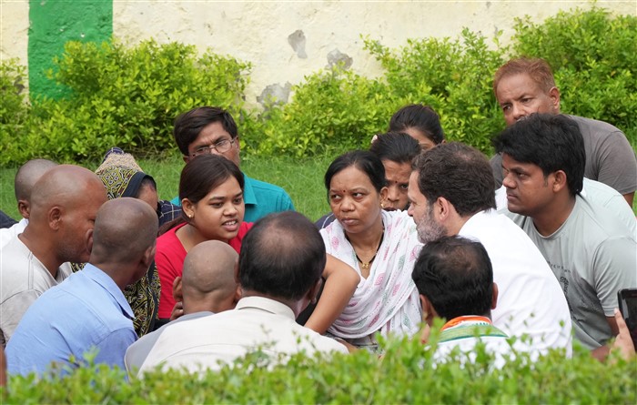 Congress leader Rahul Gandhi meets families of the victims of Hathras stampede incident, at Green Park in Hathras.