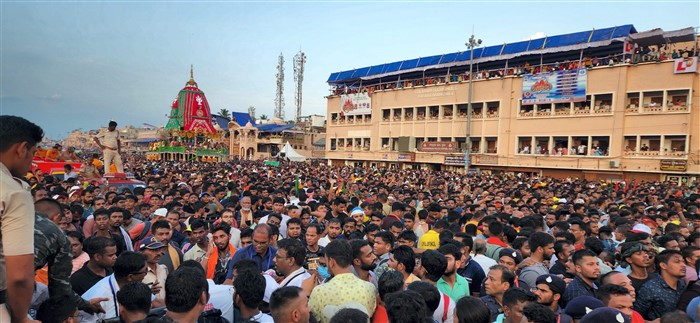 Devotees take part in the annual Rath Yatra, in Puri.