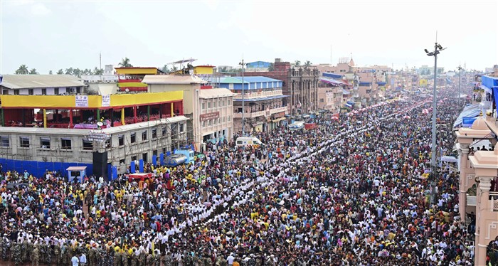 Devotees during the annual Rath Yatra festival, in Puri.