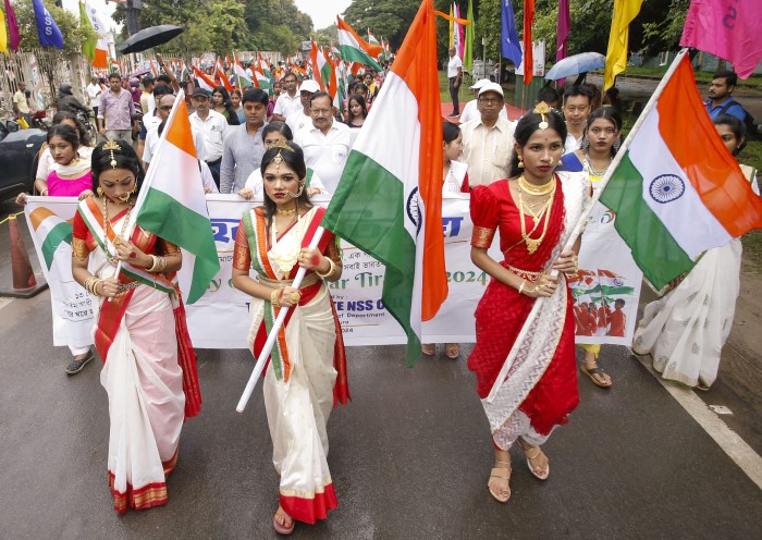 Agartala: School students take part in a rally under 'Har Ghar Tiranga' campaign, ahead of Independence Day, in Agartala, Monday, Aug. 12, 2024.