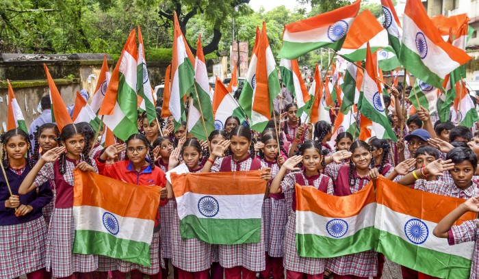 Hyderabad: Students take part in a 'tiranga yatra' as part of the 'Har Ghar Tiranga' campaign ahead of the Independence Day, in Hyderabad, Monday, Aug. 12, 2024.